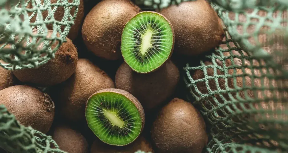 Kiwi freschi in una retina verde, pronti per essere gustati. Un'immagine che evoca il momento quando si raccolgono i kiwi.