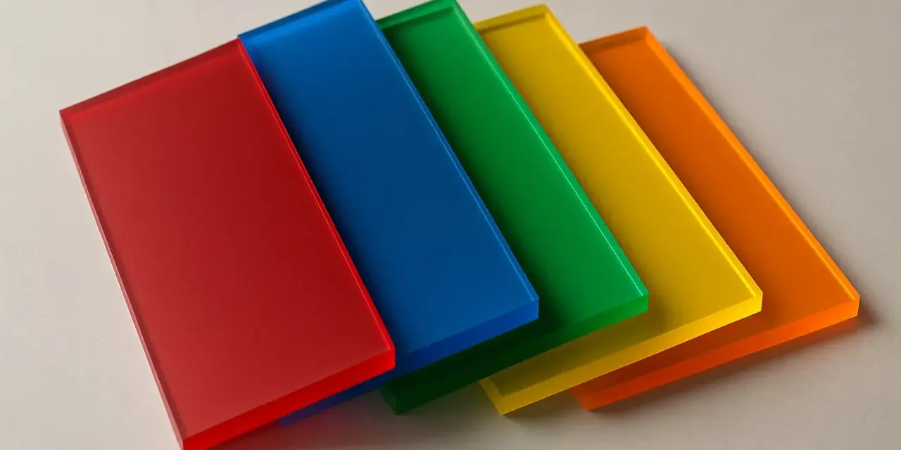 Five colored acrylic sheets (red, blue, green, yellow, orange) arranged in a row, demonstrating how to layer resin without lines for a smooth, vibrant finish.
