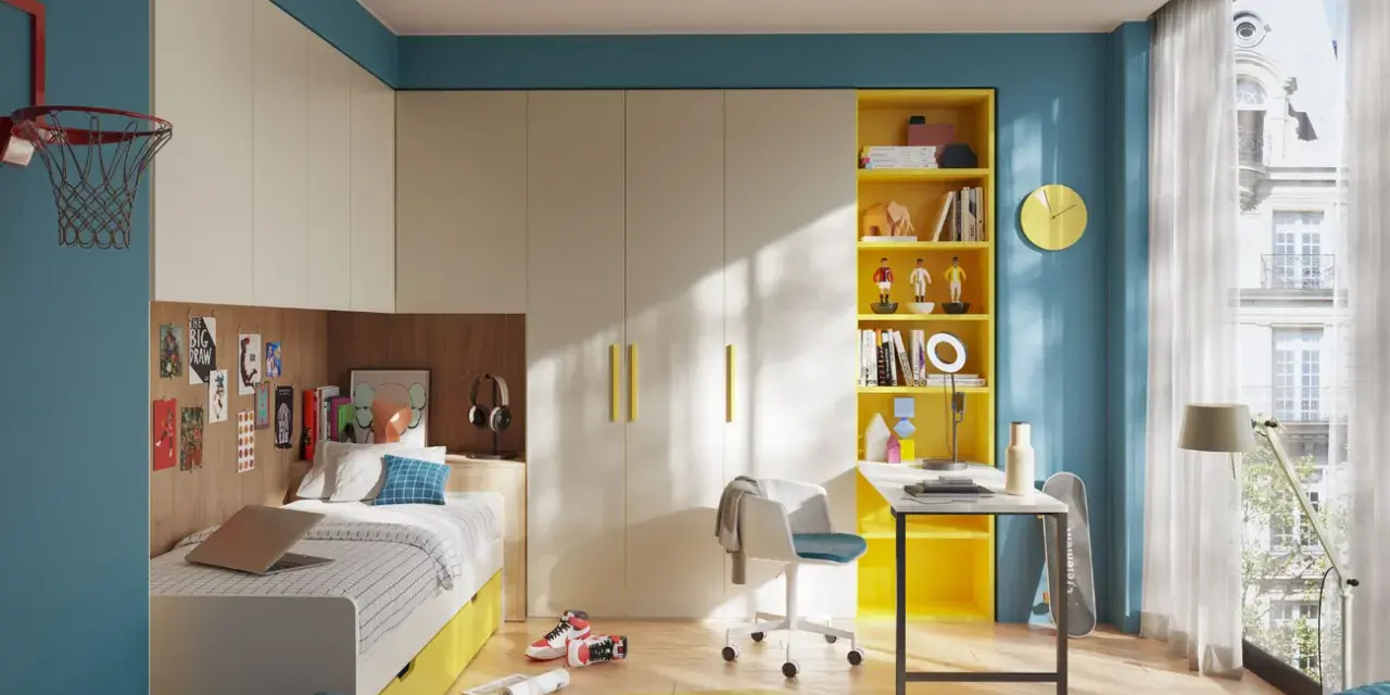 Arredare camerette piccole con soluzioni salvaspazio: letto con cassetti, scrivania, libreria gialla e armadio a muro.