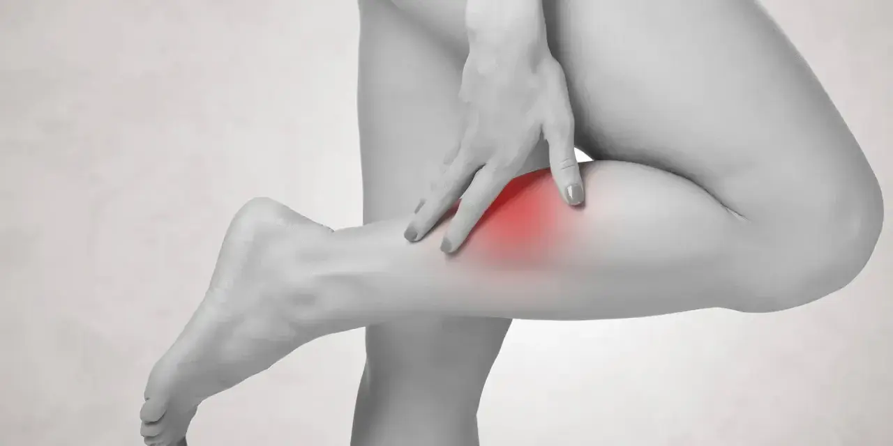 Frau tastet schmerzendes Bein ab, ein roter Fleck deutet auf einen möglichen Thrombose-Test hin.