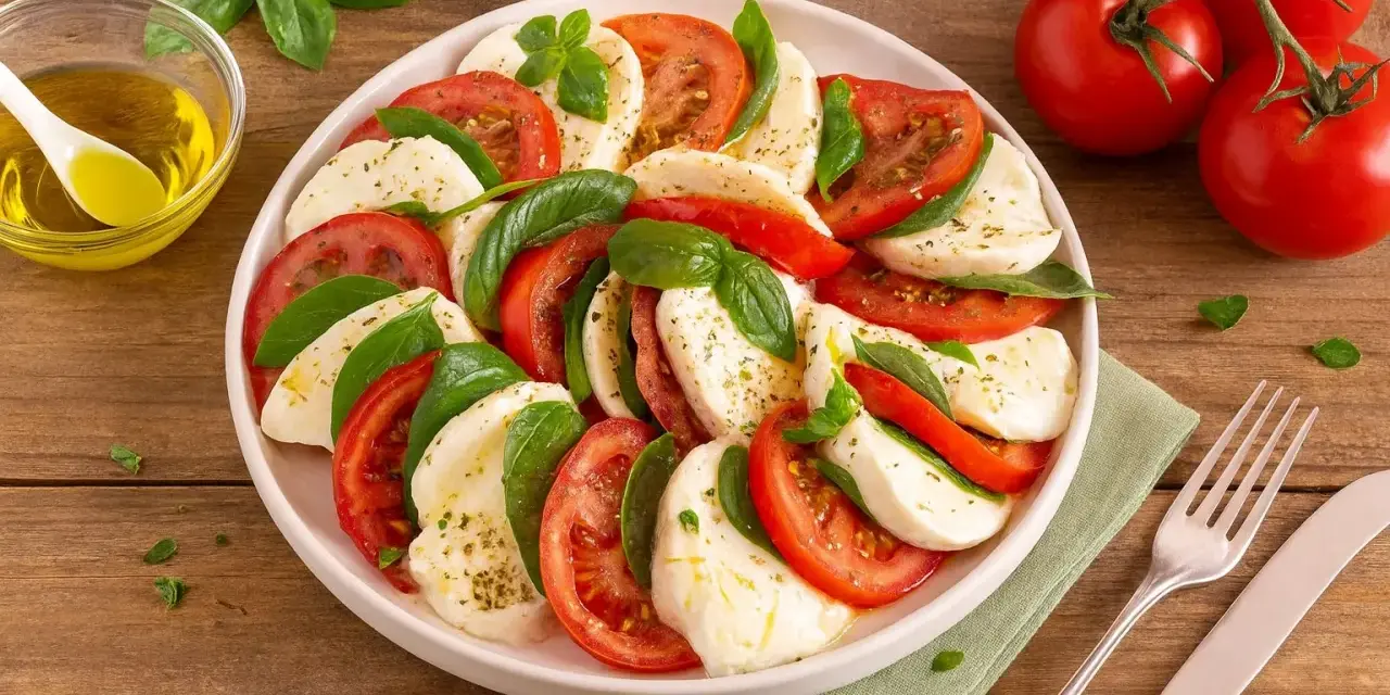 Ein klassisches Caprese Rezept: Scheiben von Tomaten, Mozzarella und frischem Basilikum, beträufelt mit Olivenöl.