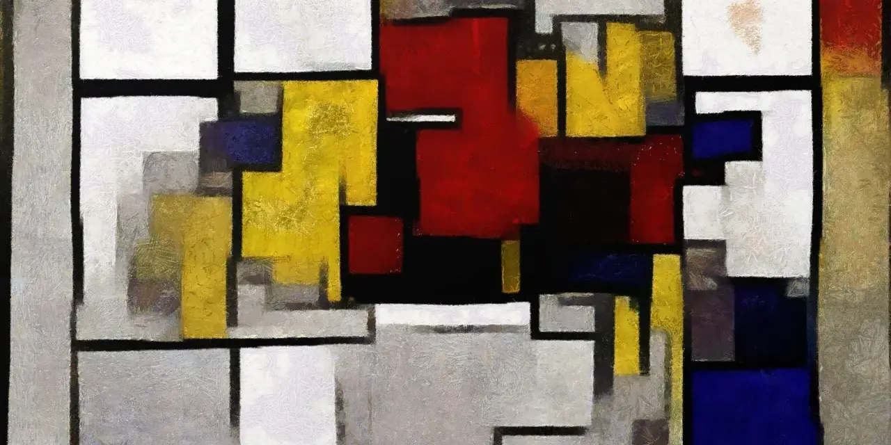 Abstrakcja w stylu Piet Mondrian: geometryczne bloki czerwieni, żółci, błękitu i bieli, połączone czarnymi liniami.