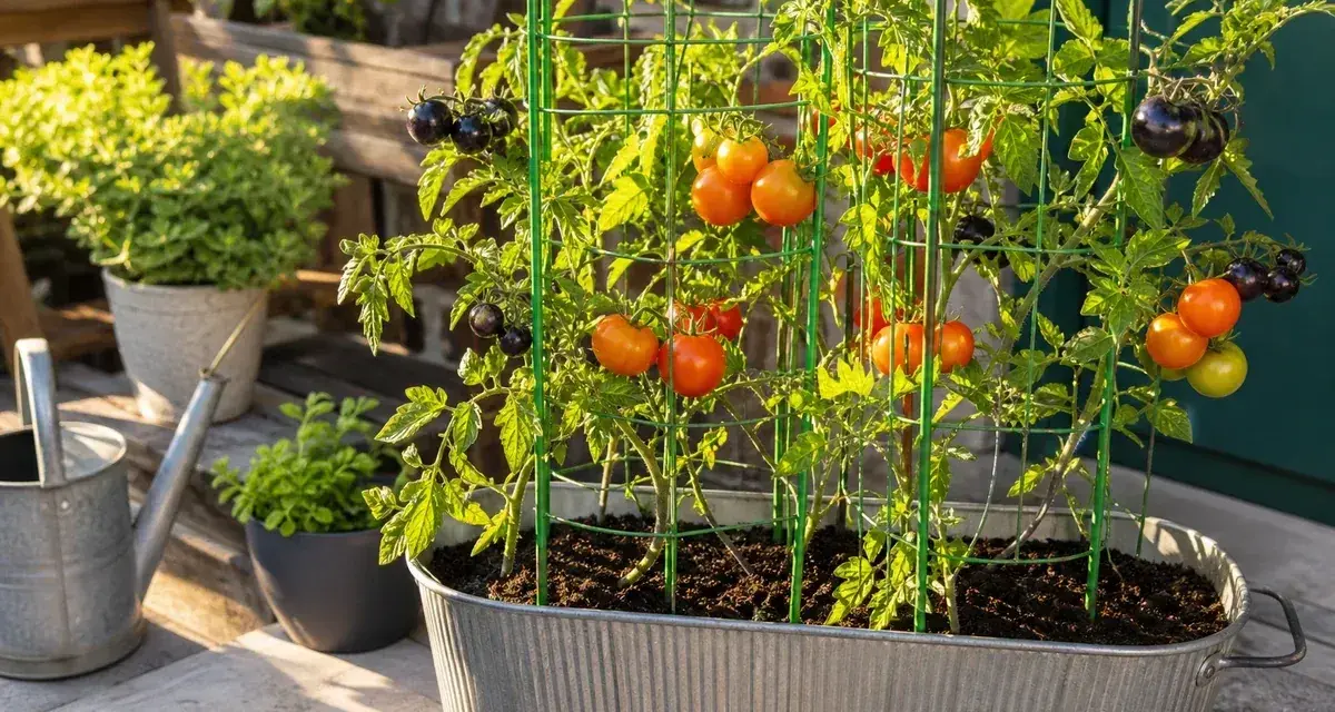 Reife Tomatenpflanzen im Topf, mit roten und schwarzen Früchten, gestützt von grünen Rankgittern.