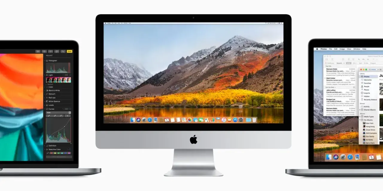 Trzy urządzenia z systemami macOS: iMac z malowniczym krajobrazem na ekranie i dwa laptopy, jeden z edytorem zdjęć, drugi z aplikacją Poczta.