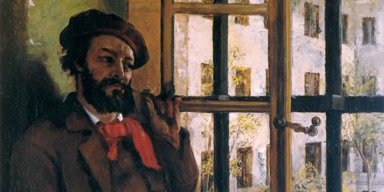 Peinture réaliste d'un homme à la barbe noire, portant un béret et une écharpe rouge, regardant par une fenêtre.