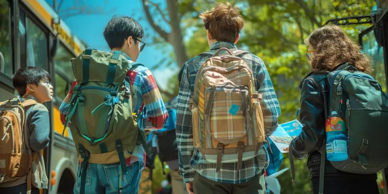 Trois jeunes avec des sacs à dos près d'un bus, prêts pour leur voyage scolaire. L'aide financière pour voyage scolaire rend ces aventures possibles.