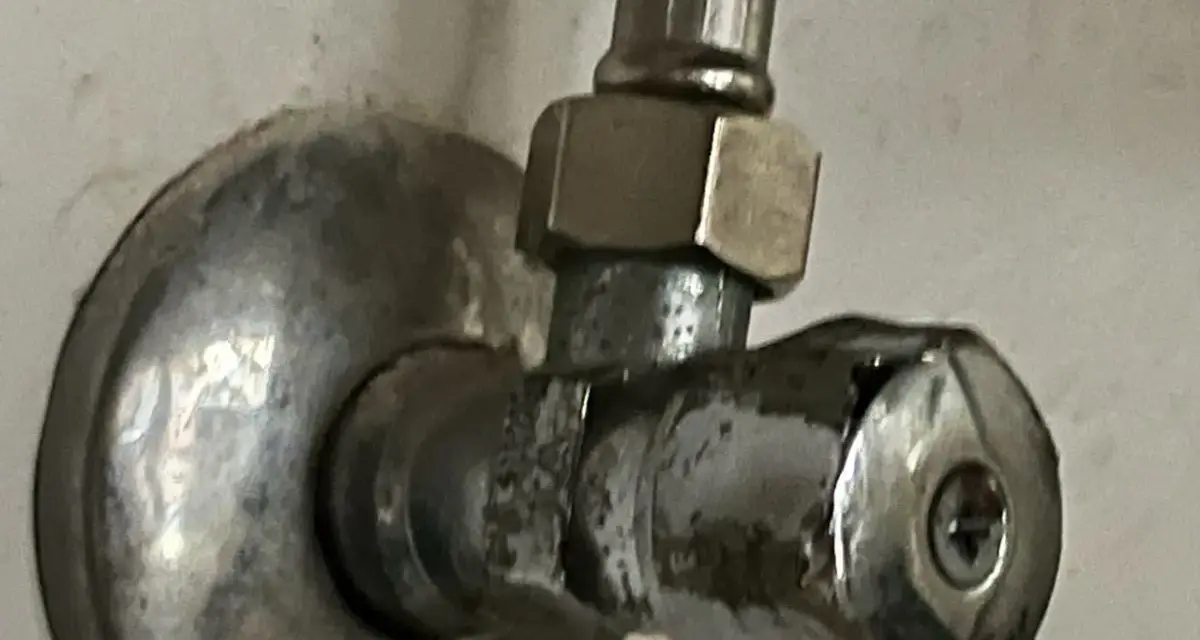Metalowy zawór wodny, pokazujący, jak odkrecic zawor z woda. Widoczny śrubunek i pokrętło.