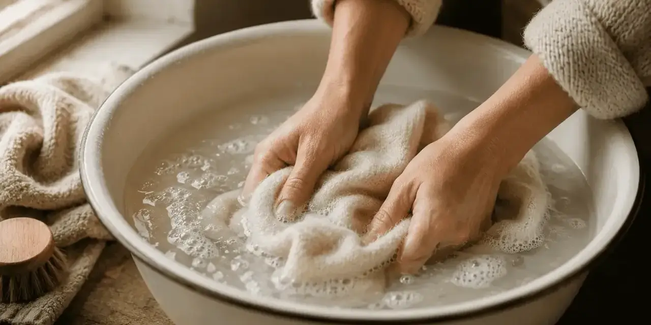Händer tvättar ull med såpa i en balja. En borste och en handduk ligger bredvid.