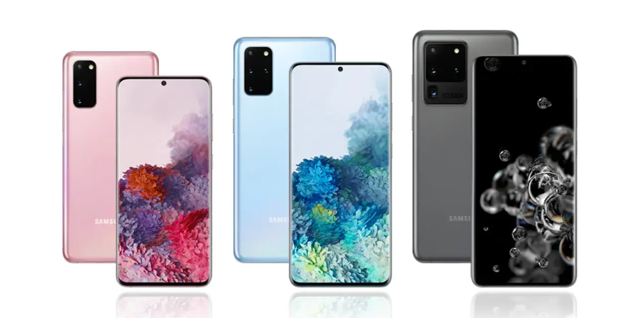 Różowy Samsung S20 i inne modele w różnych kolorach, prezentujące swoje ekrany z kolorowymi tapetami.