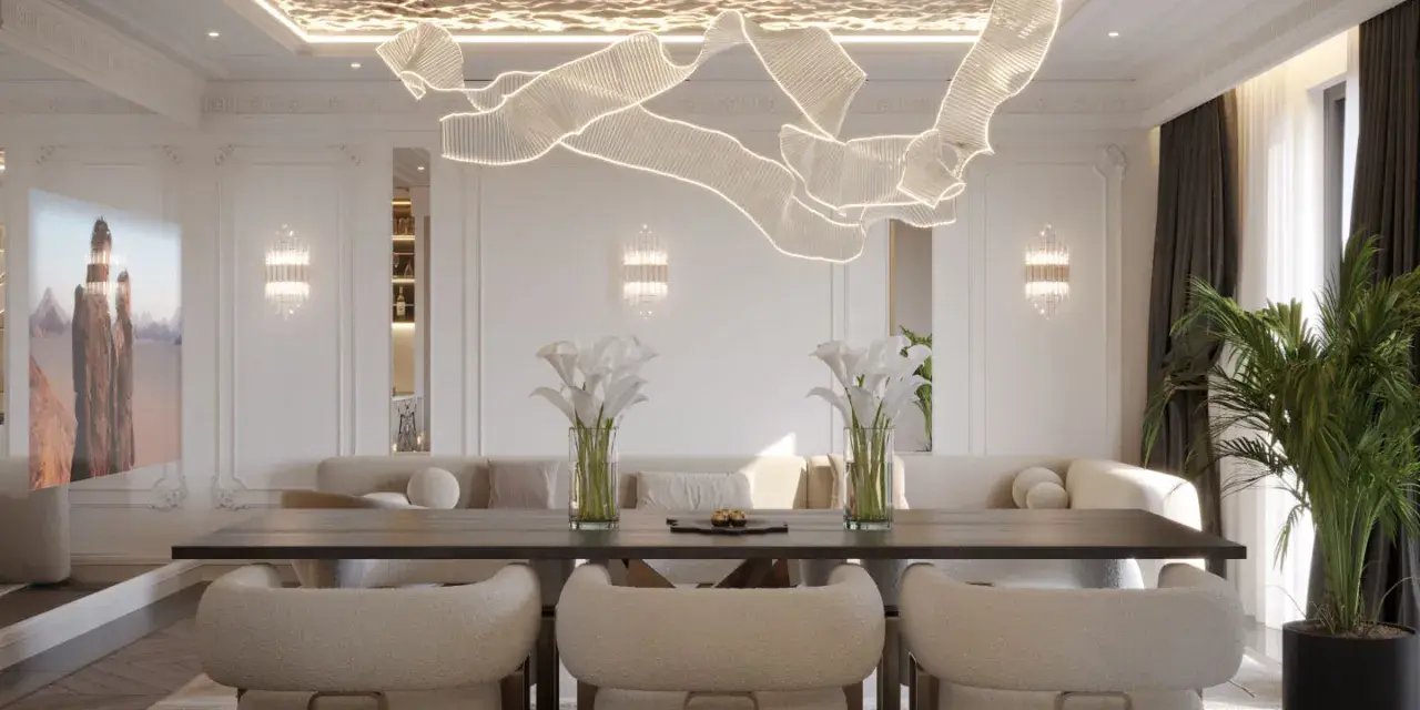 Nowoczesny salon z designerskim sufitem napinanym. Wady? Brak! Tylko elegancja i światło.