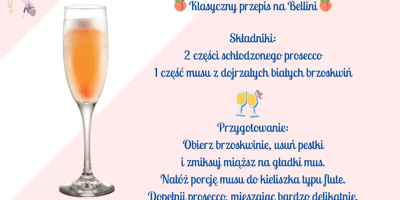 Klasyczny przepis na Bellini: schłodzone prosecco i mus z brzoskwiń w kieliszku typu flute. Idealny na wakacje!