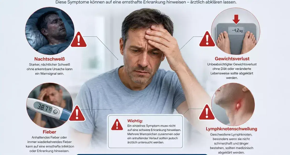 Warnzeichen bei erhöhten Leukozyten: Nachtschweiß, Fieber, Gewichtsverlust, Lymphknotenschwellung. Bei diesen Symptomen ärztlich abklären lassen!