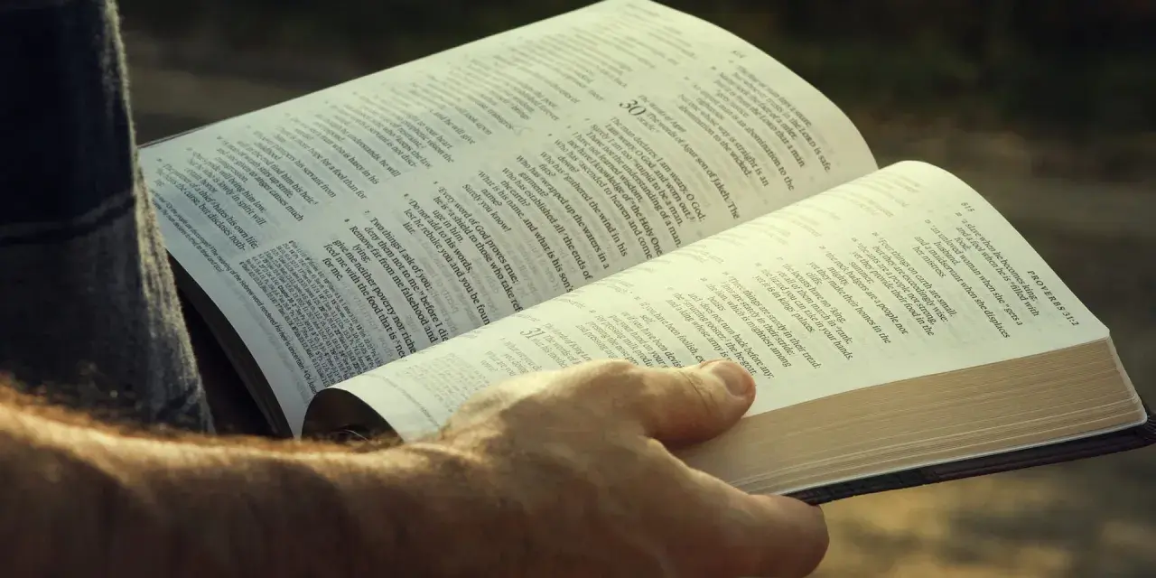 A hand holds open a Bible, revealing the words of Agur in the Bible, Proverbs 31:2.