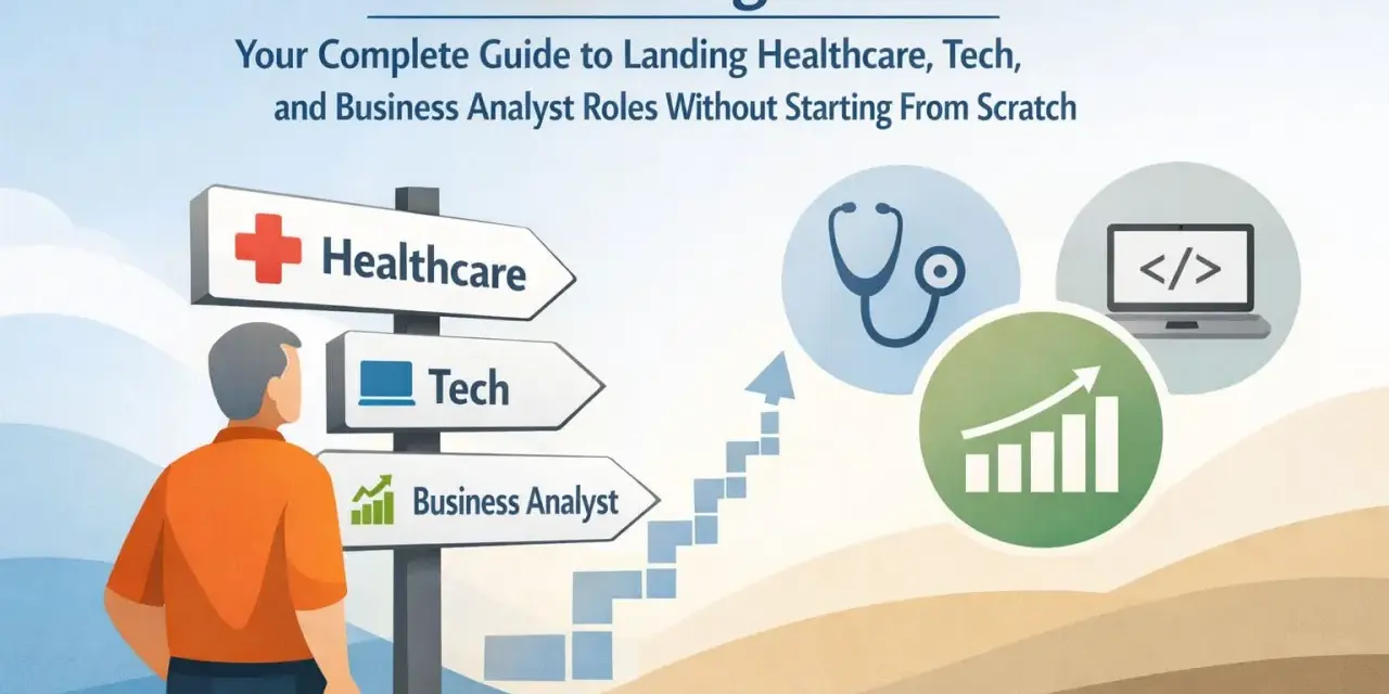 Uomo guarda cartello con direzioni: Healthcare, Tech, Business Analyst. Offerte di lavoro dopo i 50 anni in questi settori.