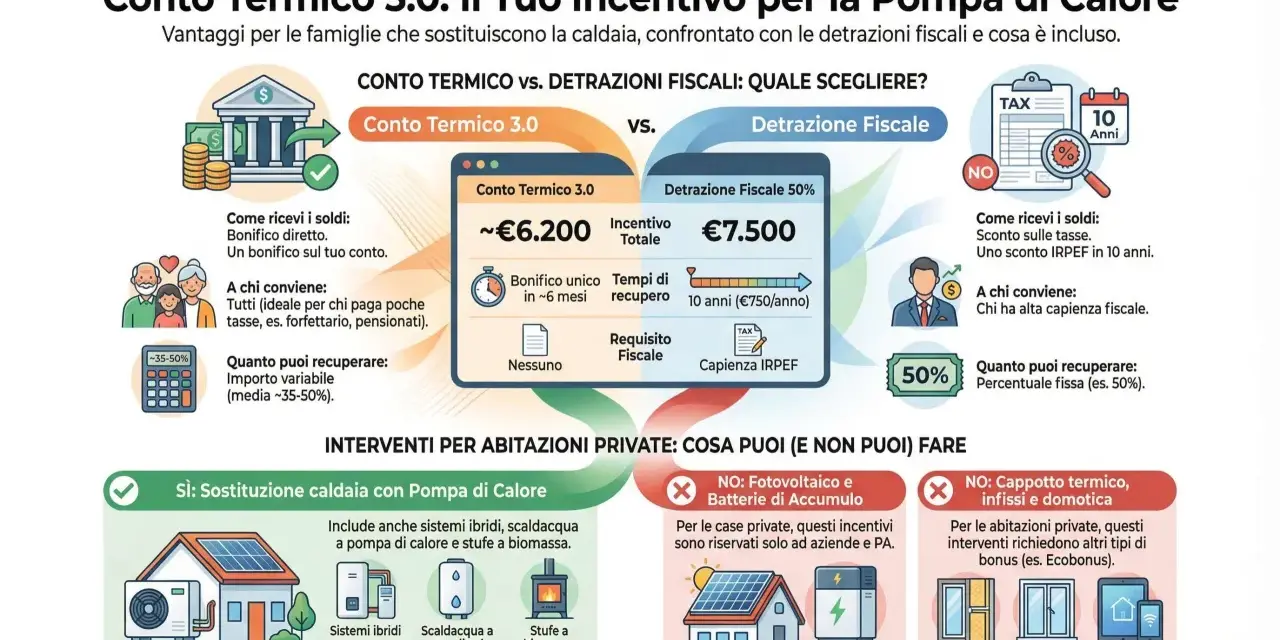 Confronto tra Conto Termico 3.0 e detrazioni fiscali per la sostituzione della caldaia. Il Conto Termico offre un bonifico diretto, ideale per chi paga poche tasse, mentre le detrazioni fiscali prevedono uno sconto IRPEF.