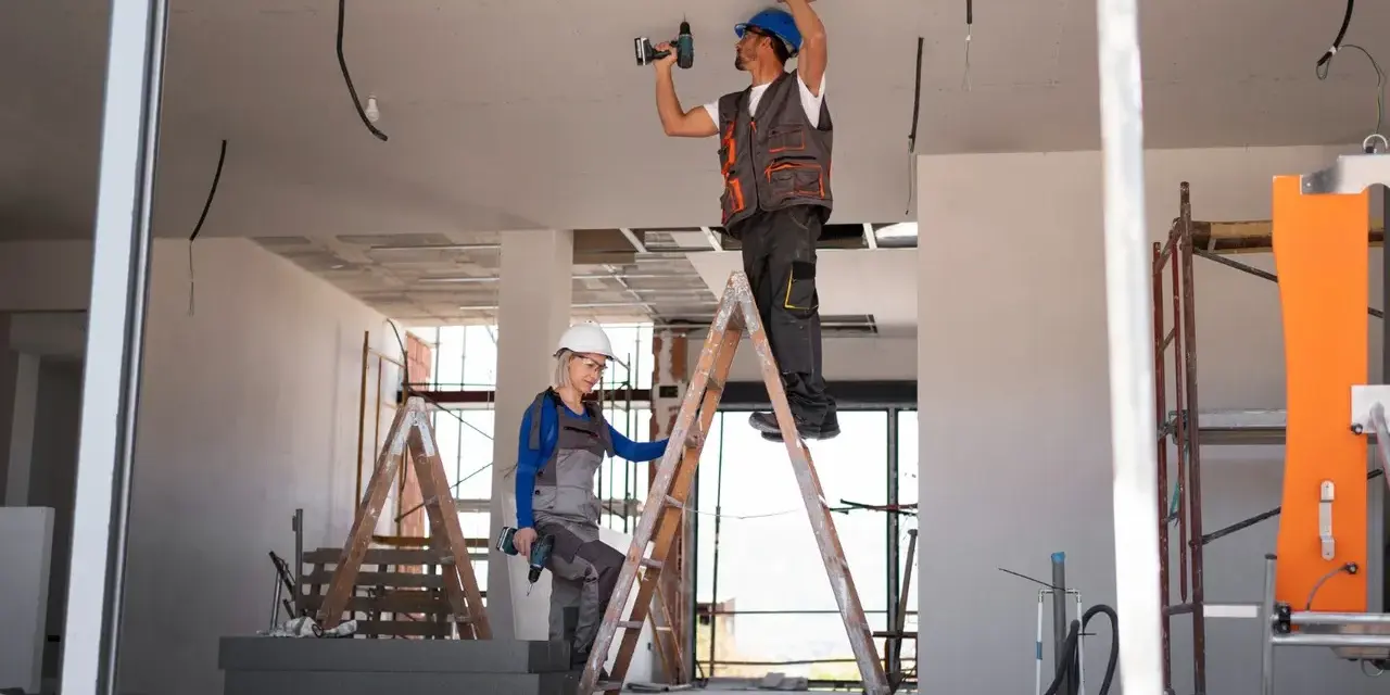 Dwóch budowlańców na drabinach montuje instalację elektryczną. Czy jest ulga na remont mieszkania?