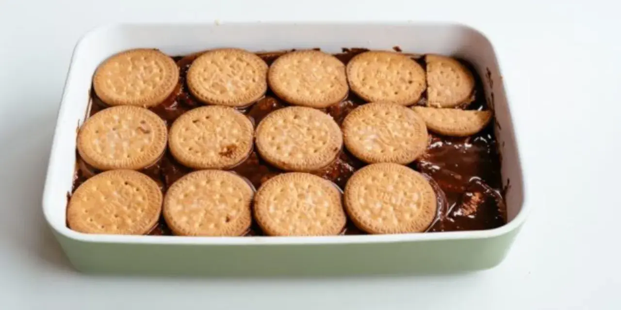 Una tarta de la abuela en preparación, con galletas redondas cubriendo una capa de chocolate en un recipiente blanco.