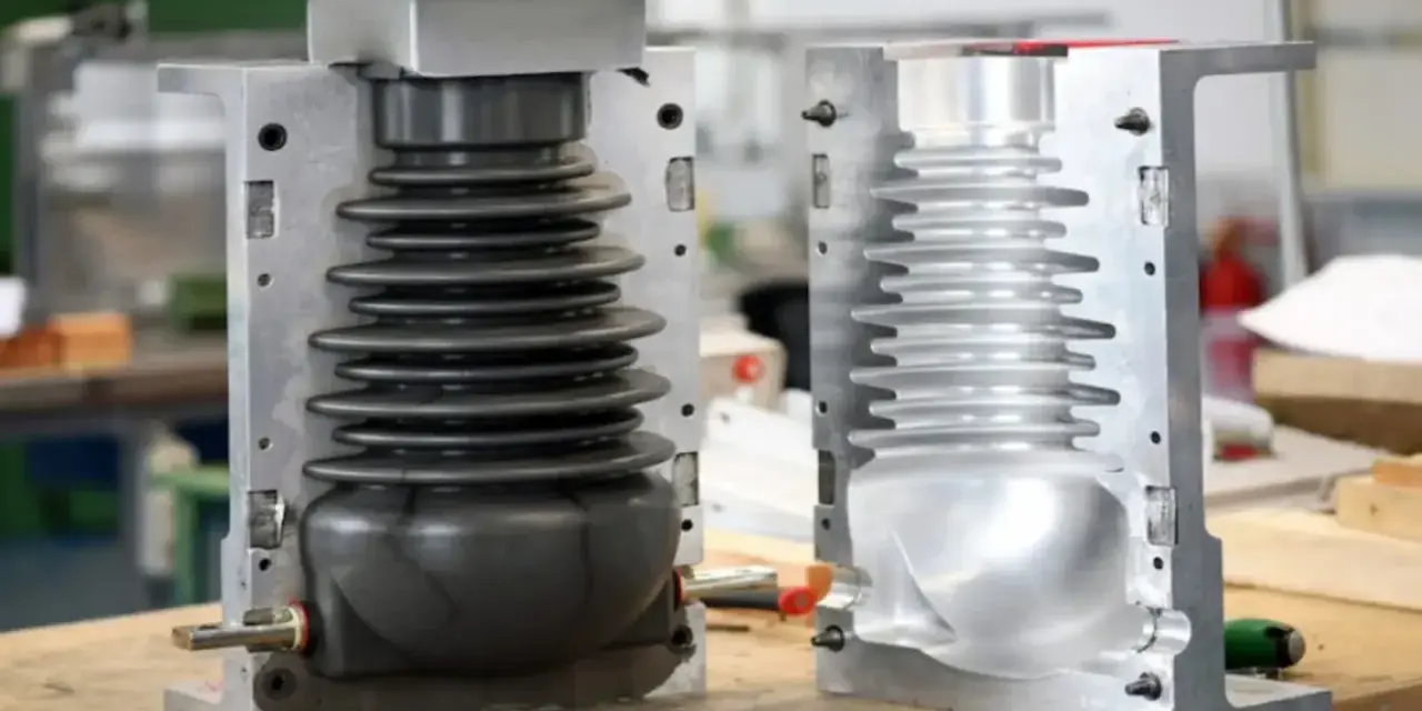 Two halves of a mold for compression molding products, one showing a black bellows-like component, the other an empty cavity.