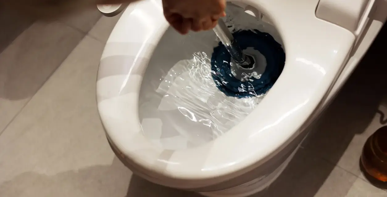 En hand använder en blå sugpropp för att försöka lösa ett stopp i toaletten. Hoppas det inte blir en dyr historia!
