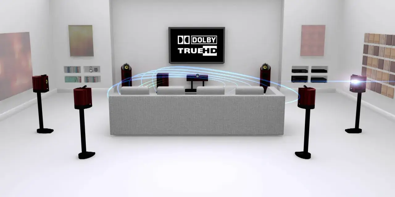 Nowoczesny salon z systemem kina domowego, gdzie fale dźwiękowe symbolizują jakość **Dolby TrueHD**.