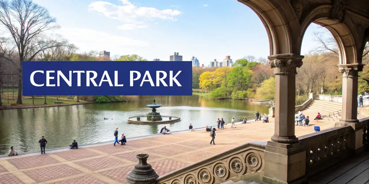 Central Park w Nowym Jorku, z fontanną i ludźmi spacerującymi nad jeziorem.