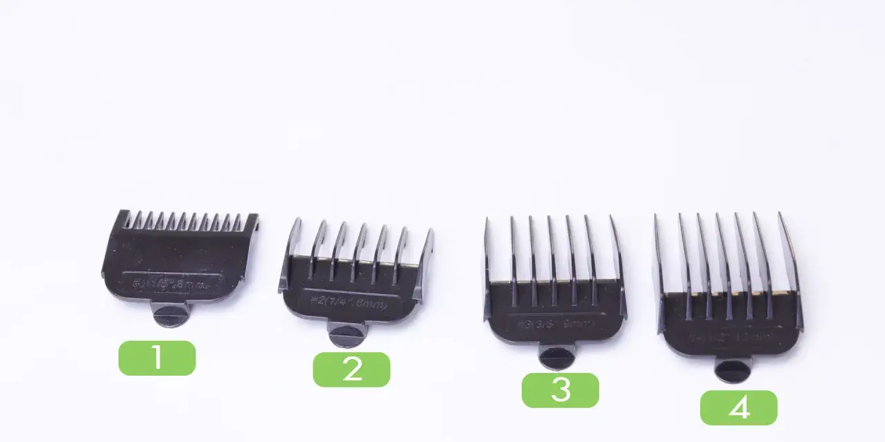 Accesorios para saber como cortar el pelo con máquina. Peines de 1 a 4, de 3mm a 12mm.