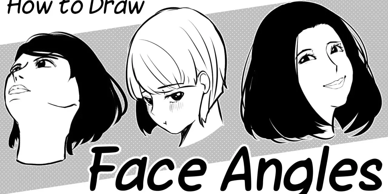 Trois dessins de visage 3/4, montrant différentes expressions et angles, avec le texte "Face Angles".