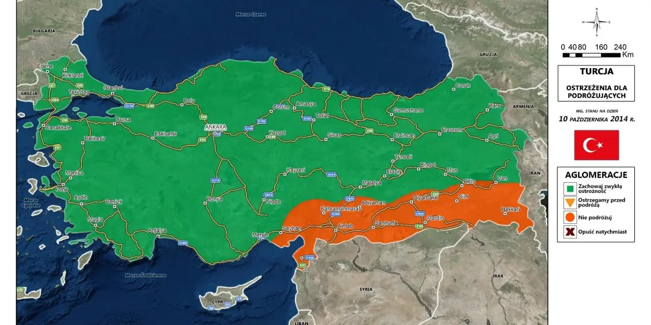 Mapa Turcji z zaznaczonymi regionami: zielony - zachowaj ostrożność, pomarańczowy - ostrzegamy przed podróżą. Czy w Turcji jest bezpiecznie? Zależy od regionu.