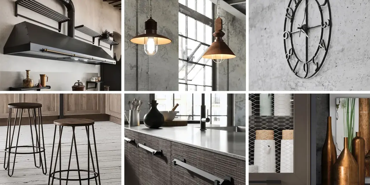 Cucina con cappa in metallo, lampade a sospensione, orologio da parete e sgabelli. Stile industrial chic moderno.