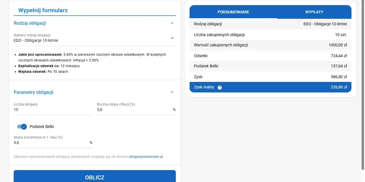 Kalkulator obligacji skarbowych EDO 10-letnich. Pokazuje oprocentowanie, odsetki, podatek Belki i zysk realny.