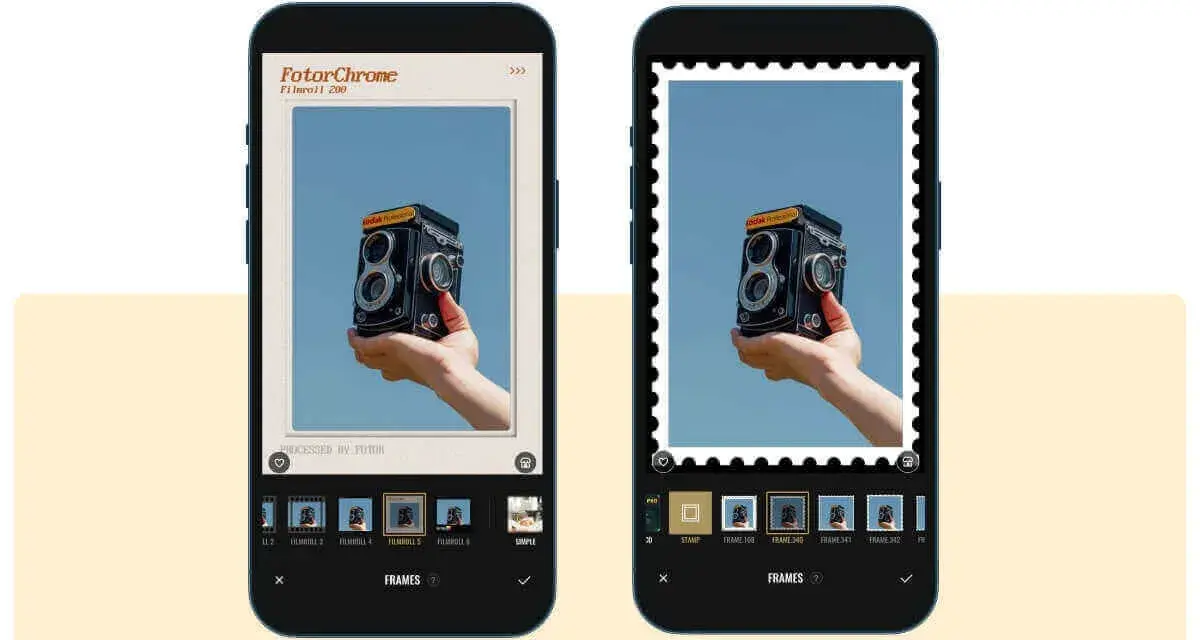 Deux écrans de smartphone montrant comment ajouter une bordure à une photo. L'un avec un cadre vintage, l'autre avec un cadre de timbre-poste.