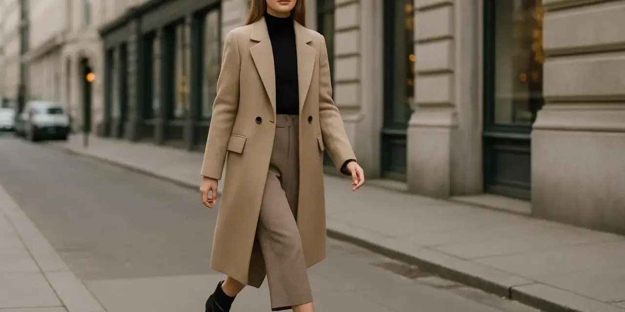Elegancka kobieta w beżowym płaszczu i brązowych spodniach, z czarnym golfem, idzie ulicą. Czy buty w szpic są modne? Tak, te czarne botki z pewnością dodają stylu.