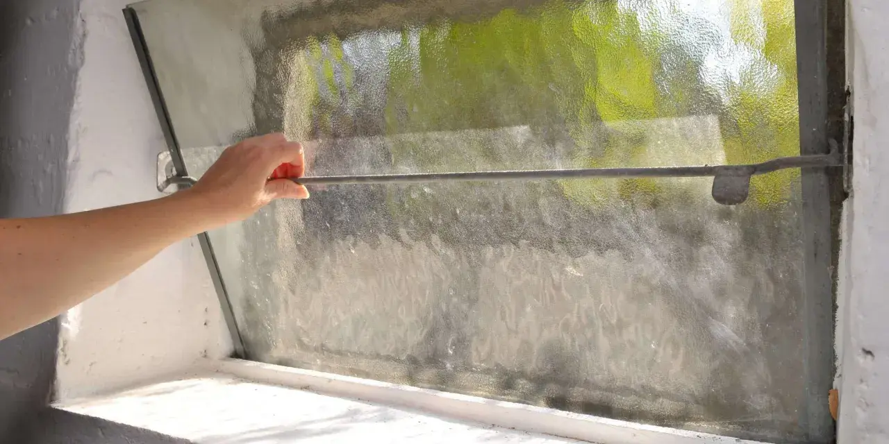 Hand öffnet ein Kellerfenster im Sommer, um frische Luft hereinzulassen.