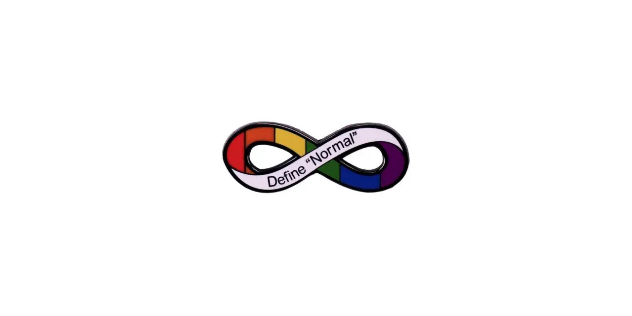 Symbol autyzmu w kształcie nieskończoności, tęczowy, z napisem "Define 'Normal'".