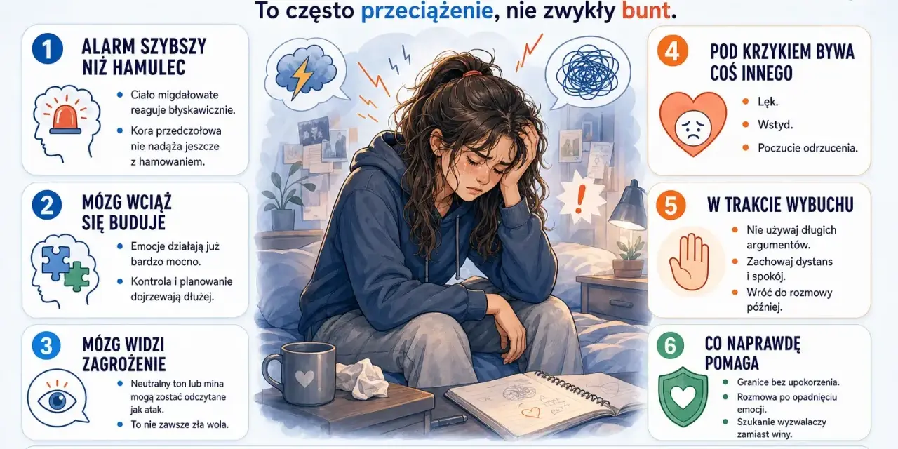 Ilustracja przedstawia przygnębioną nastolatkę, która zmaga się z emocjami. Obok niej znajdują się punkty wyjaśniające, dlaczego **agresywny nastolatek** może wybuchnąć złością.