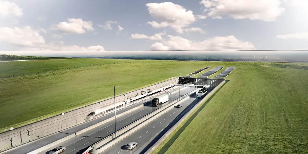 En tunnel för tåg och bilar mellan bro Danmark och Tyskland. Pris för framtida resor.