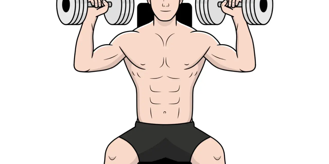 Homme musclé travaillant ses épaules avec des haltères. Il est assis, concentré sur son entraînement pour muscler ses épaules.
