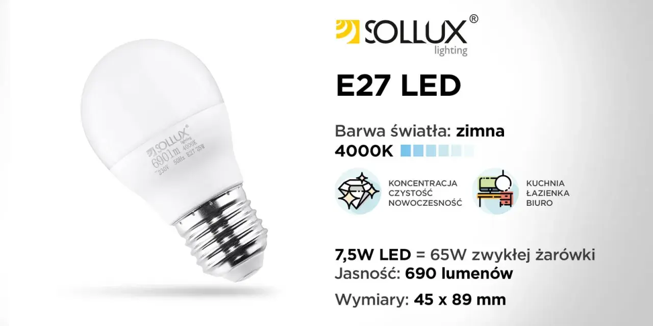 Żarówka LED E27 Sollux 7,5W, 690lm, 4000K. To nowoczesne oświetlenie, które zastąpi żarówkę halogenową 65W.