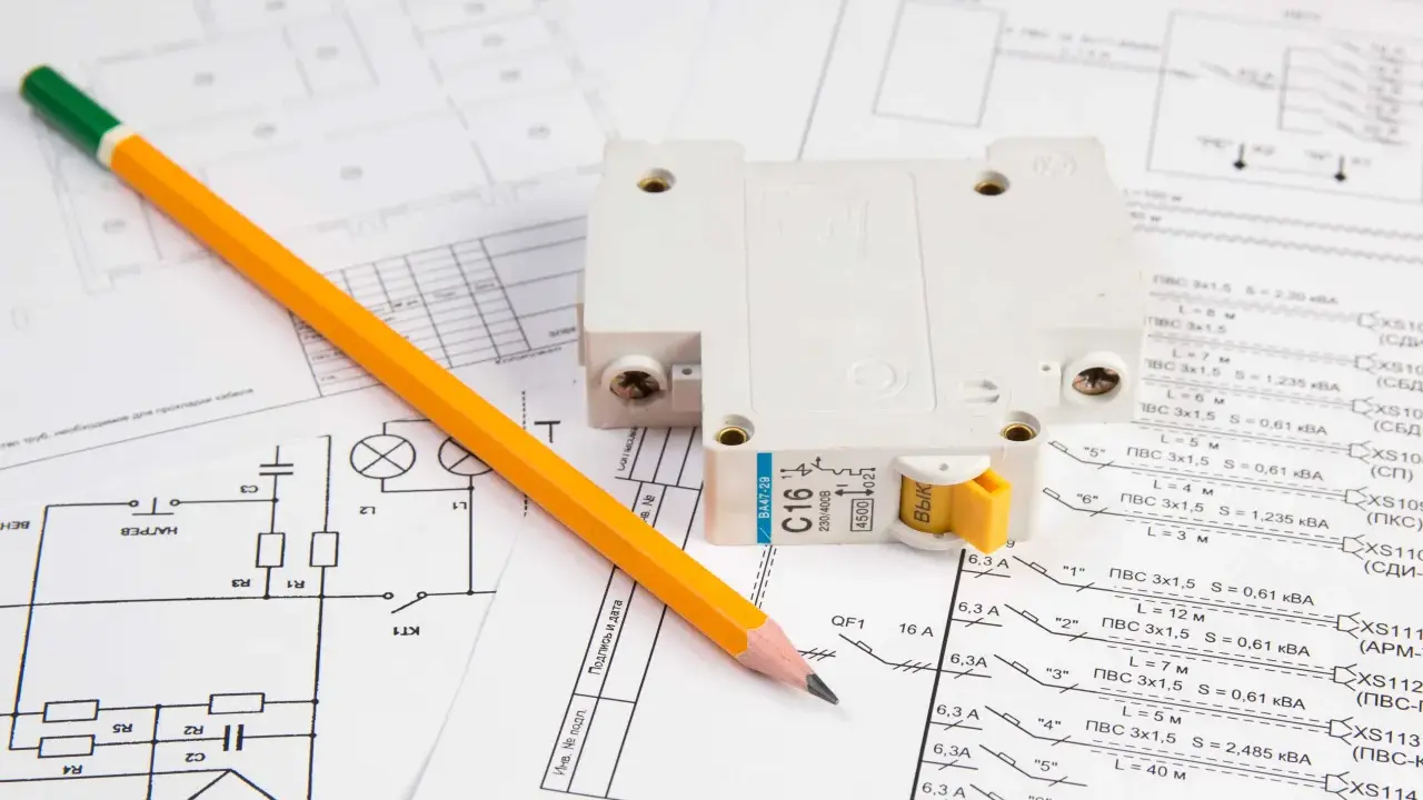 Protokół odbioru instalacji elektrycznej z wyłącznikiem i ołówkiem na schemacie.