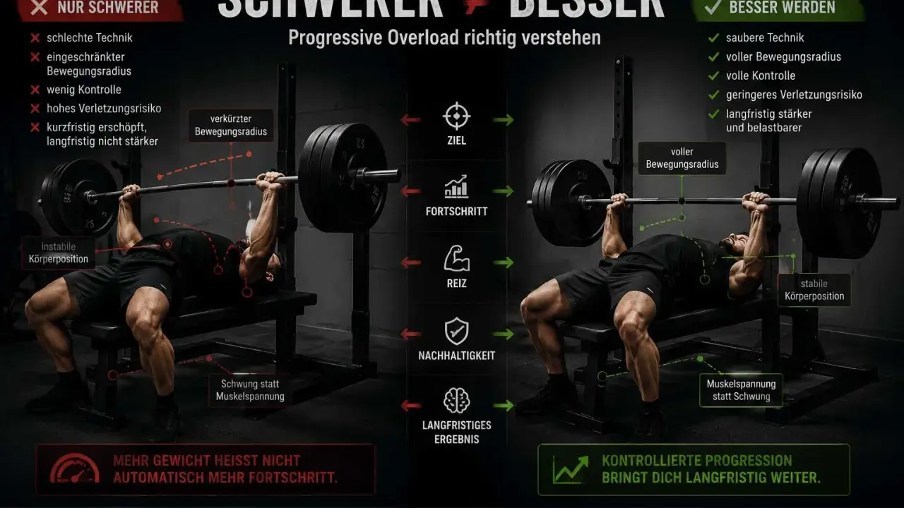 Vergleich von Training: links mit schlechter Technik und instabiler Position für kurzfristige Erfolge, rechts mit voller Kontrolle und sauberer Ausführung für effektiven Muskelaufbau.