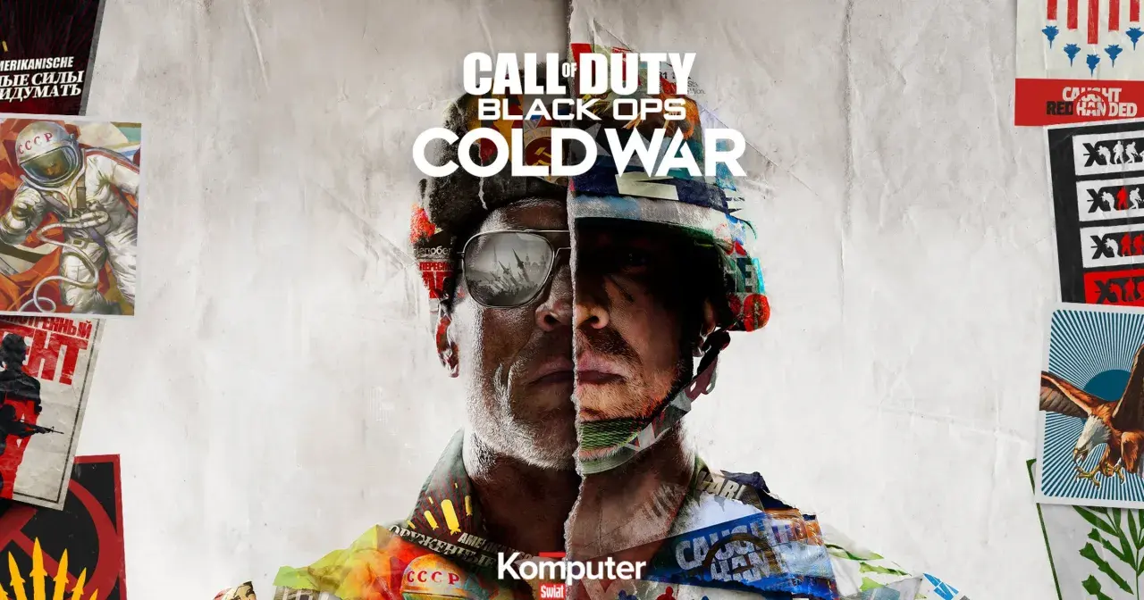 Plakat gry Call of Duty Black Ops Cold War z kolażem propagandowych obrazów z epoki zimnej wojny, w tym radzieckiego kosmonauty i symboli ZSRR.