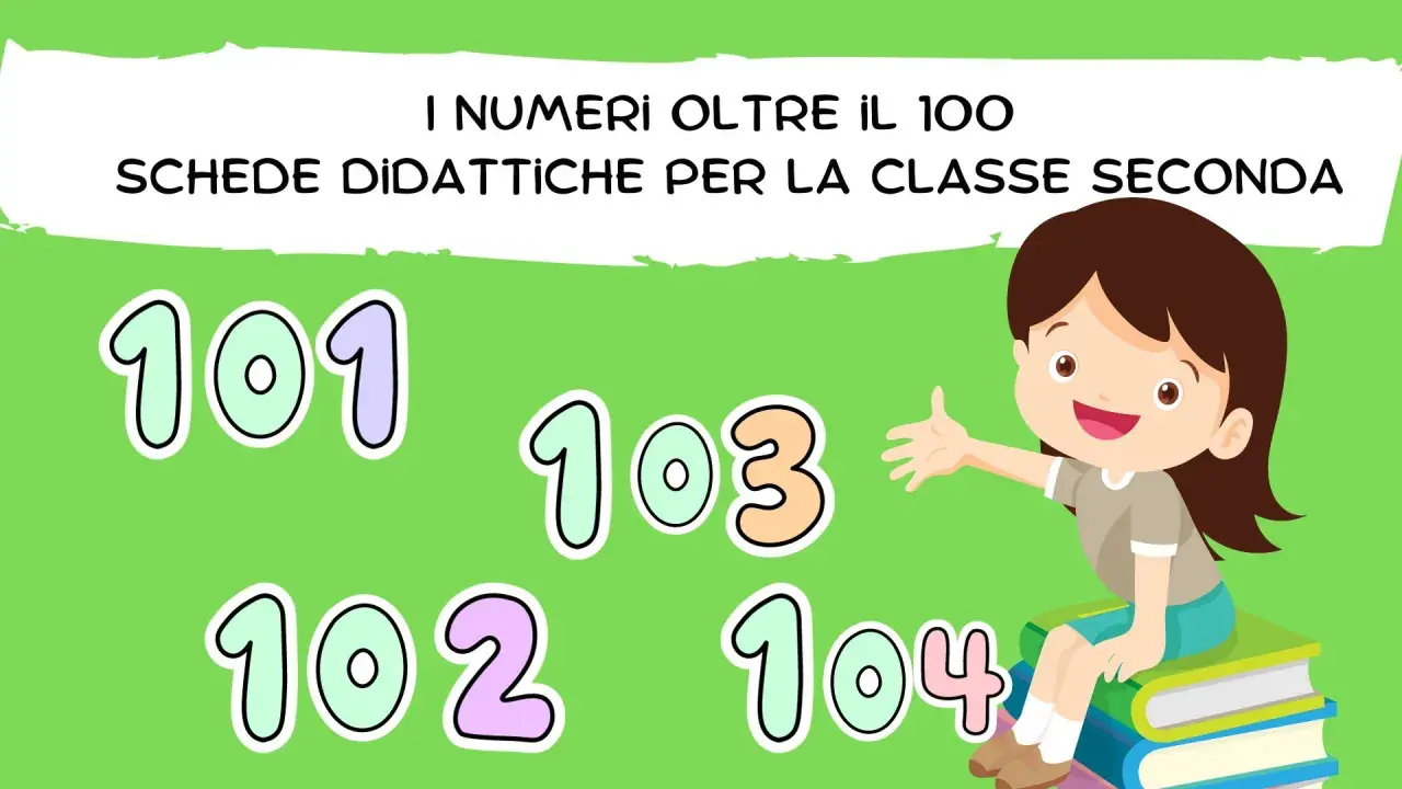 Bambina sorridente su libri, circondata dai numeri 101, 102, 103, 104. Schede didattiche per la classe seconda sui numeri oltre il 100.