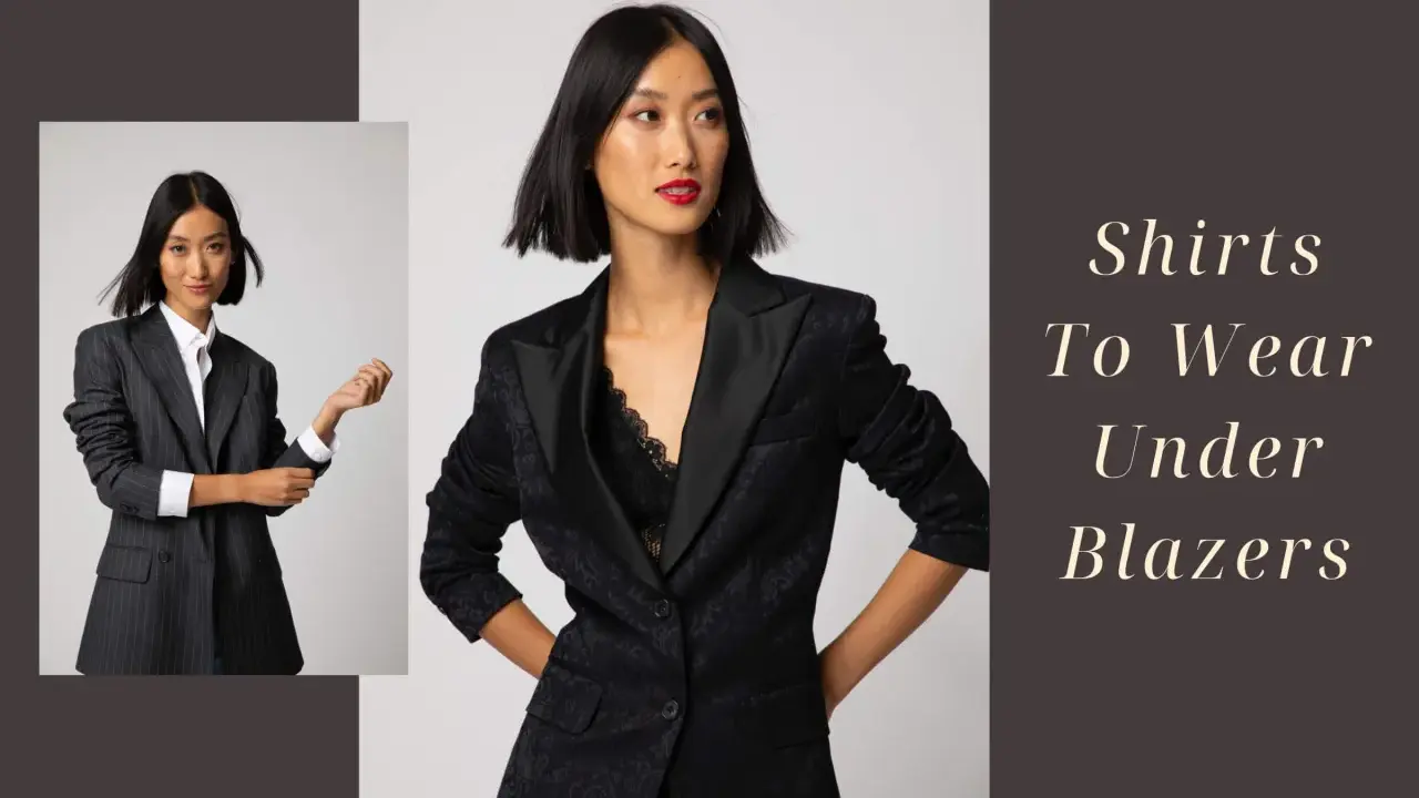 A woman models different shirts to wear under a blazer, showcasing a classic white button-down and a lace camisole.