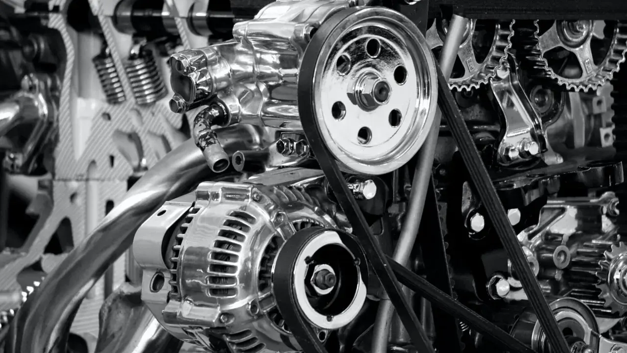 Detalle de un motor de coche, con correas, poleas y engranajes. Evita que tu motor sufra como gripar un motor de coche.