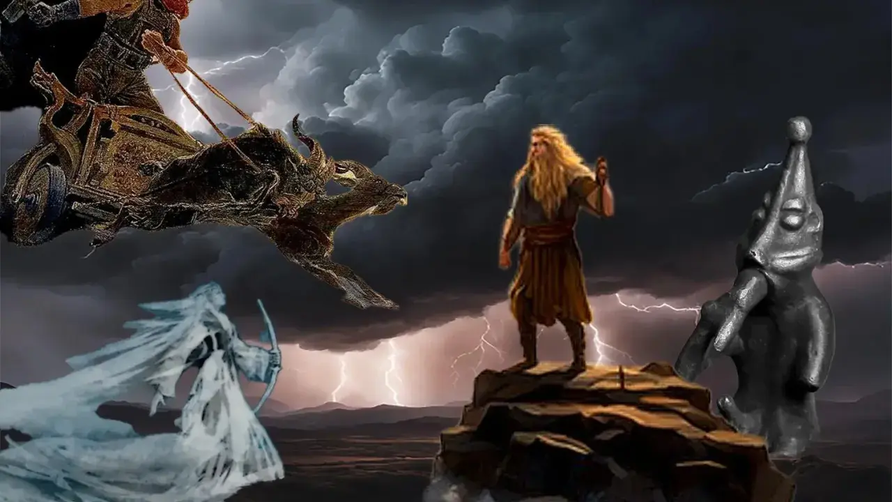 Mitologia germańska bogowie: Thor na rydwanie, Odyn na skale i piękna bogini z łukiem.