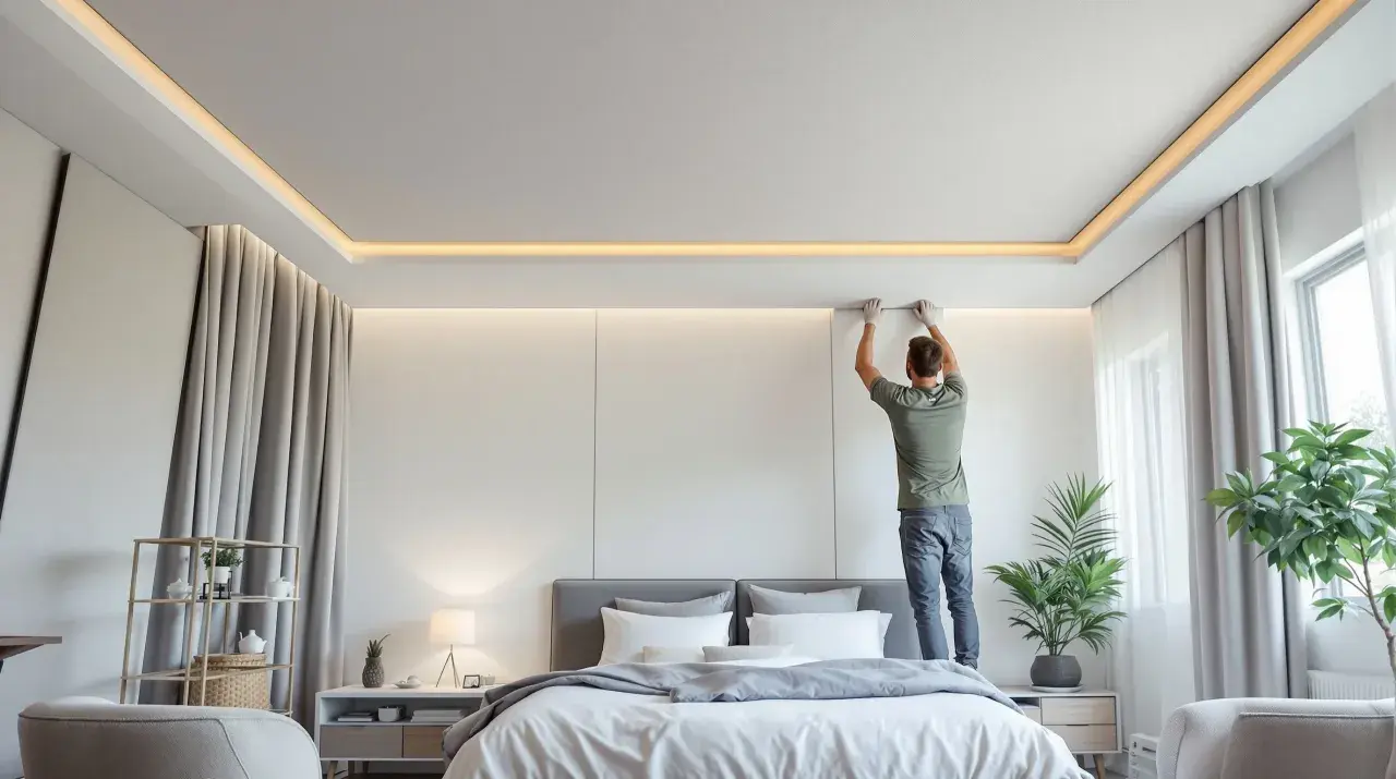 Installazione di pannelli per l'isolamento acustico del soffitto in una camera da letto moderna.