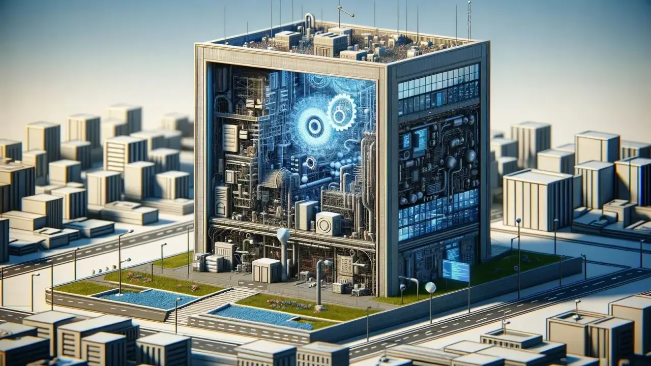 Futurystyczny budynek z widocznym wnętrzem pełnym mechanizmów i niebieskich świateł, przypominający złożony system. To wizualizacja **facade pattern** w architekturze oprogramowania.