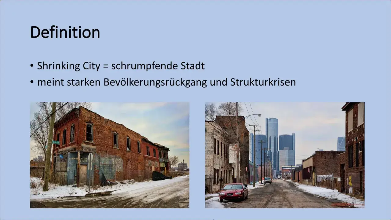 Verfallene Gebäude und moderne Skyline in Detroit spiegeln die Herausforderungen der Detroit Stadtentwicklung wider.