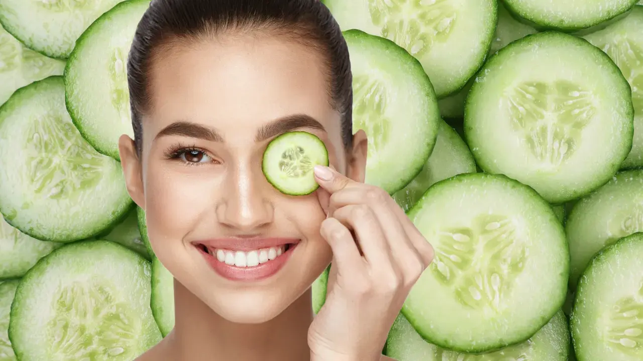 Una mujer sonríe mientras se coloca una rodaja de pepino en el ojo, rodeada de más rodajas de pepino.