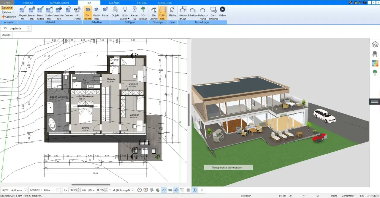 Grundriss und 3D-Modell eines barrierefreien Hauses mit Außenansicht.